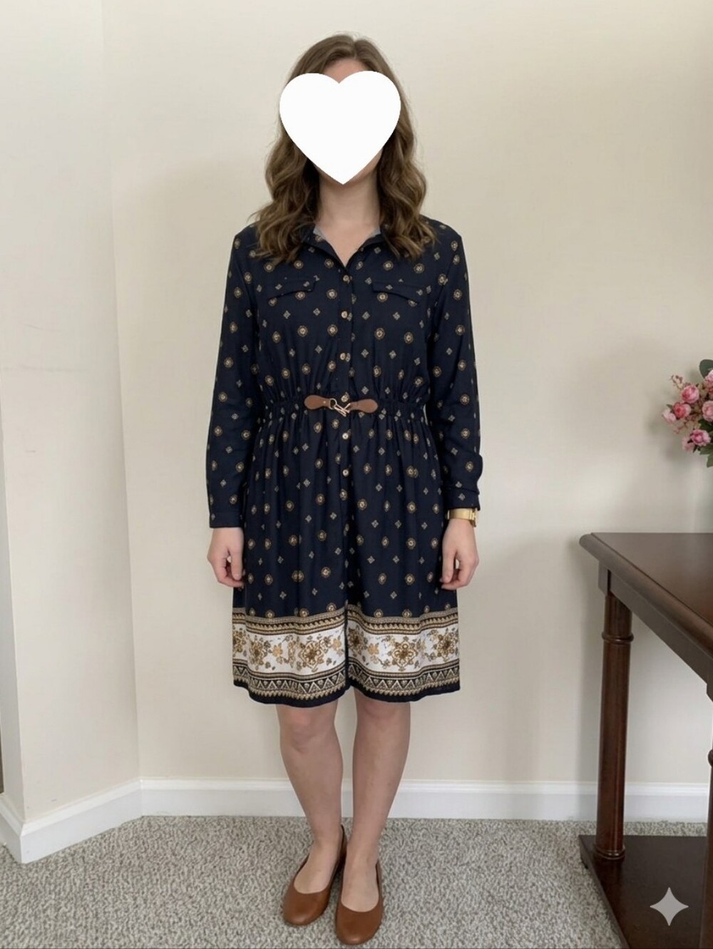 Always Indigo Womens Tunic Dress Button Up Elastic Waist Belted